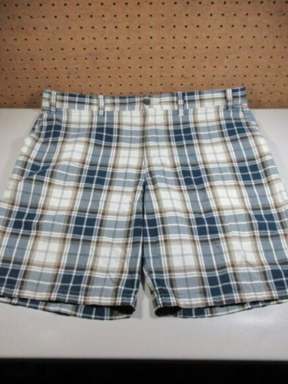 Eddie Bauer mens navy white brown plaid shorts 38 EUC